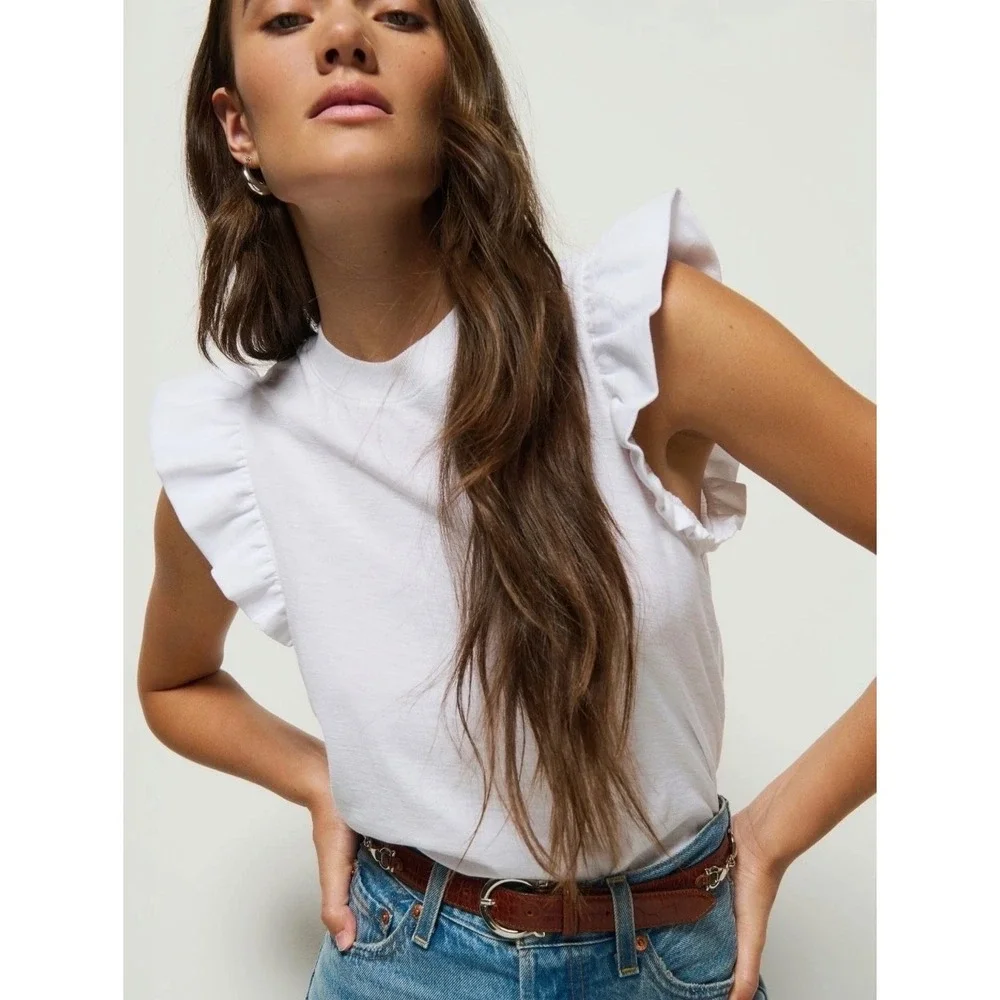 Nation LTD Paulette Ruffle Sleeve Tank Top Size M White Pima Cotton Slub Tee - Picture 16 of 16